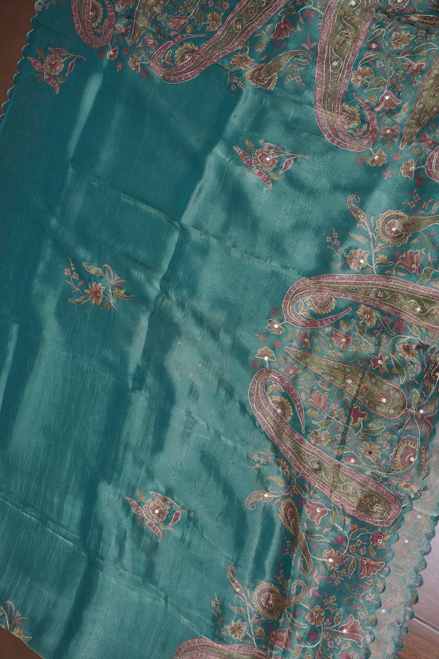 Teal Blue Glass Tissue Organza Designer Party Wear Saree