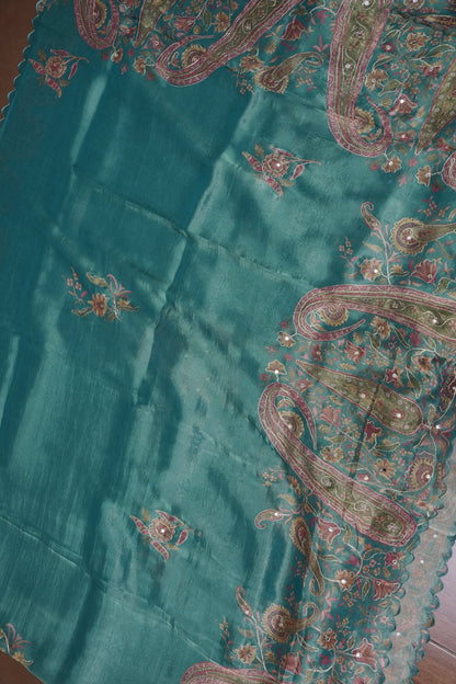 Teal Blue Glass Tissue Organza Designer Party Wear Saree