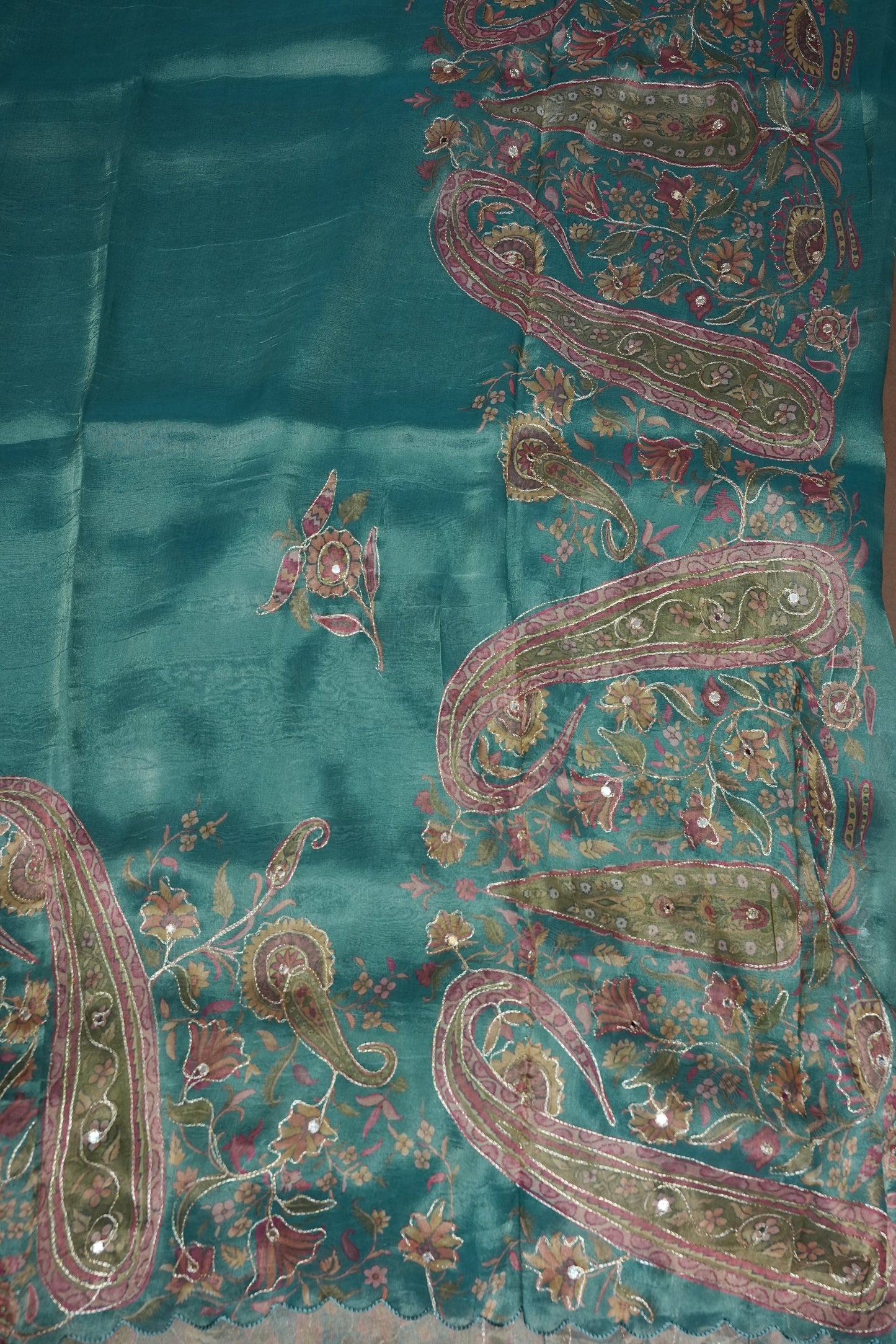 Teal Blue Glass Tissue Organza Designer Party Wear Saree