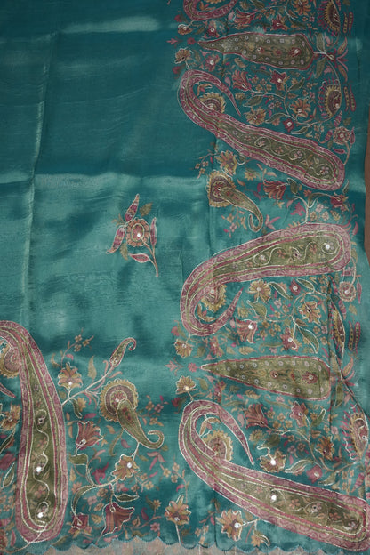 Teal Blue Glass Tissue Organza Designer Party Wear Saree