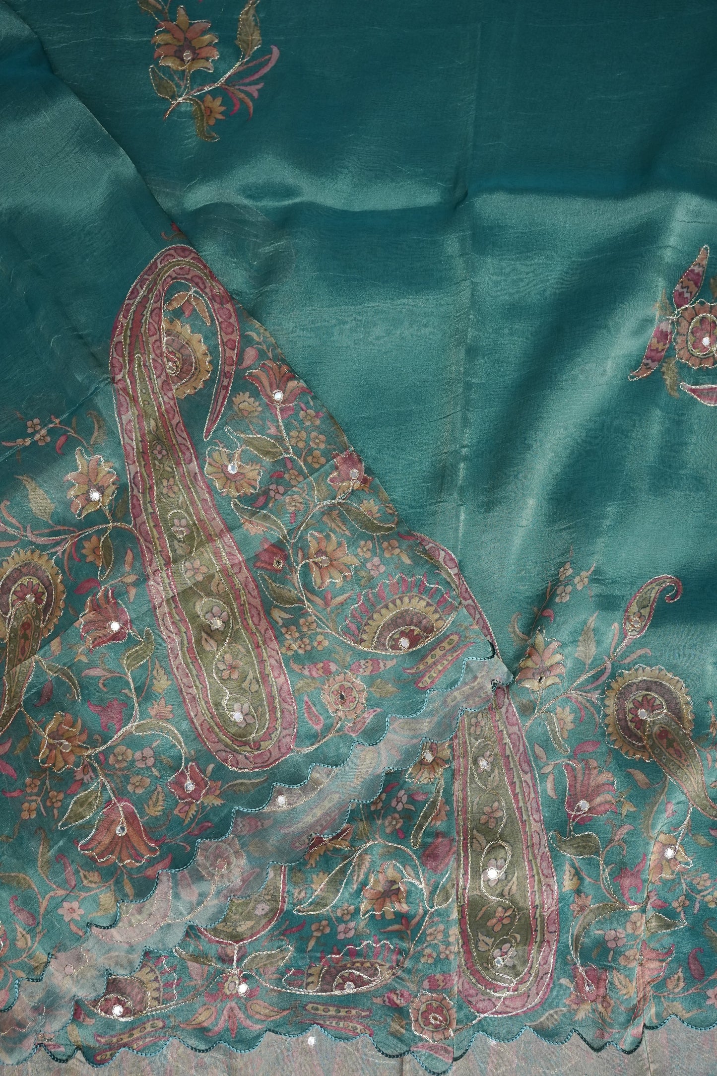 Teal Blue Glass Tissue Organza Designer Party Wear Saree