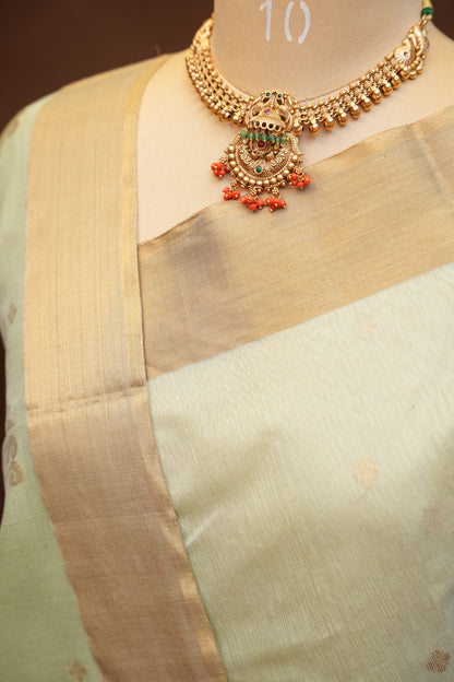 Pure Chanderi Silk Saree with Zari Buttas & Tissue Border - Pastel Green
