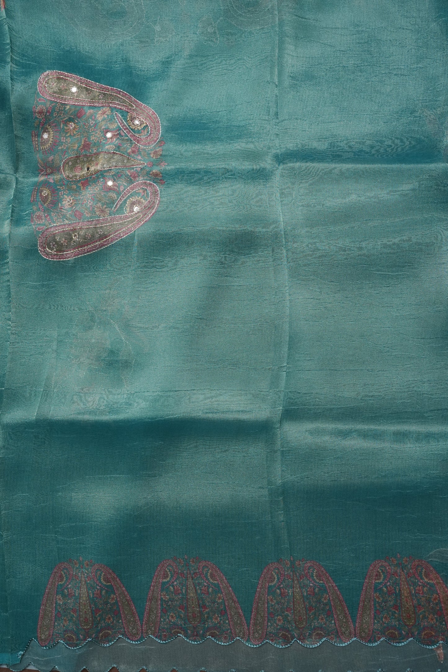 Teal Blue Glass Tissue Organza Designer Party Wear Saree