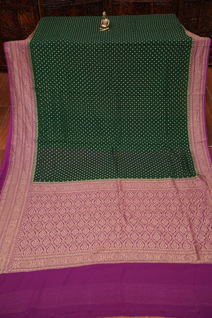 Pure Khadi Georgette Banarasi Saree - Bottle Green & Magenta