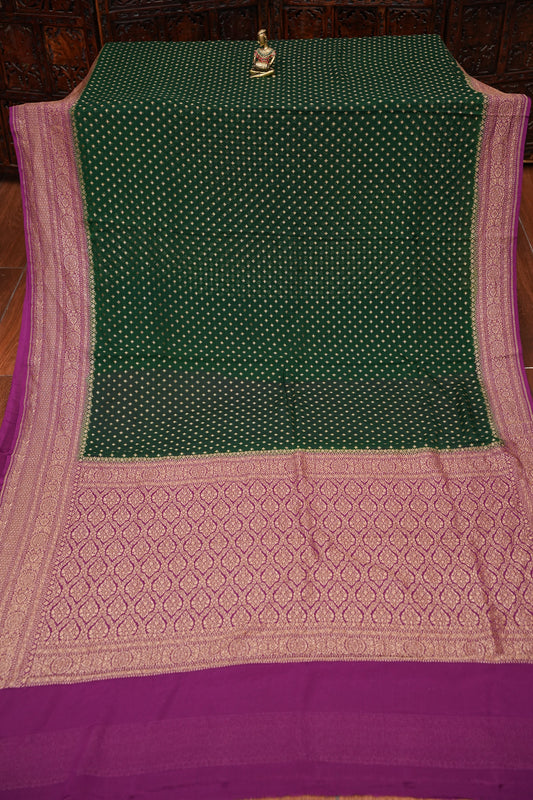 Pure Khadi Georgette Banarasi Saree - Bottle Green & Magenta