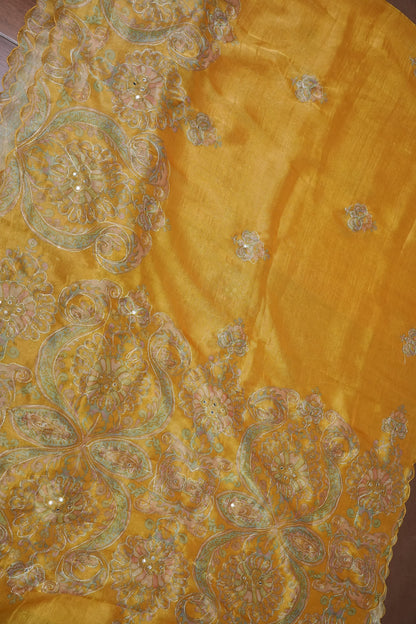 Bright Mustard Gold Glass Tissue Organza Designer Party Wear Saree