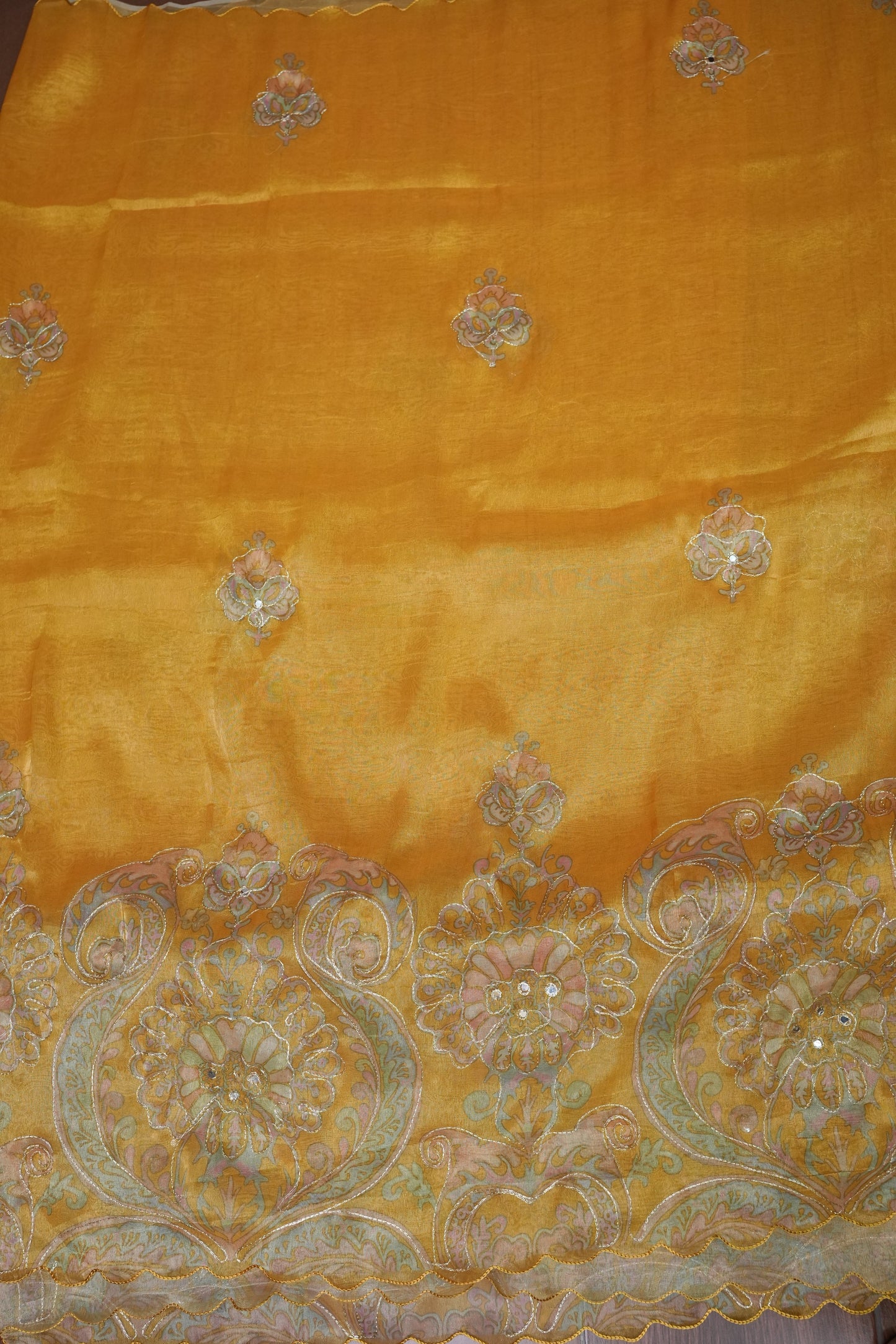 Bright Mustard Gold Glass Tissue Organza Designer Party Wear Saree