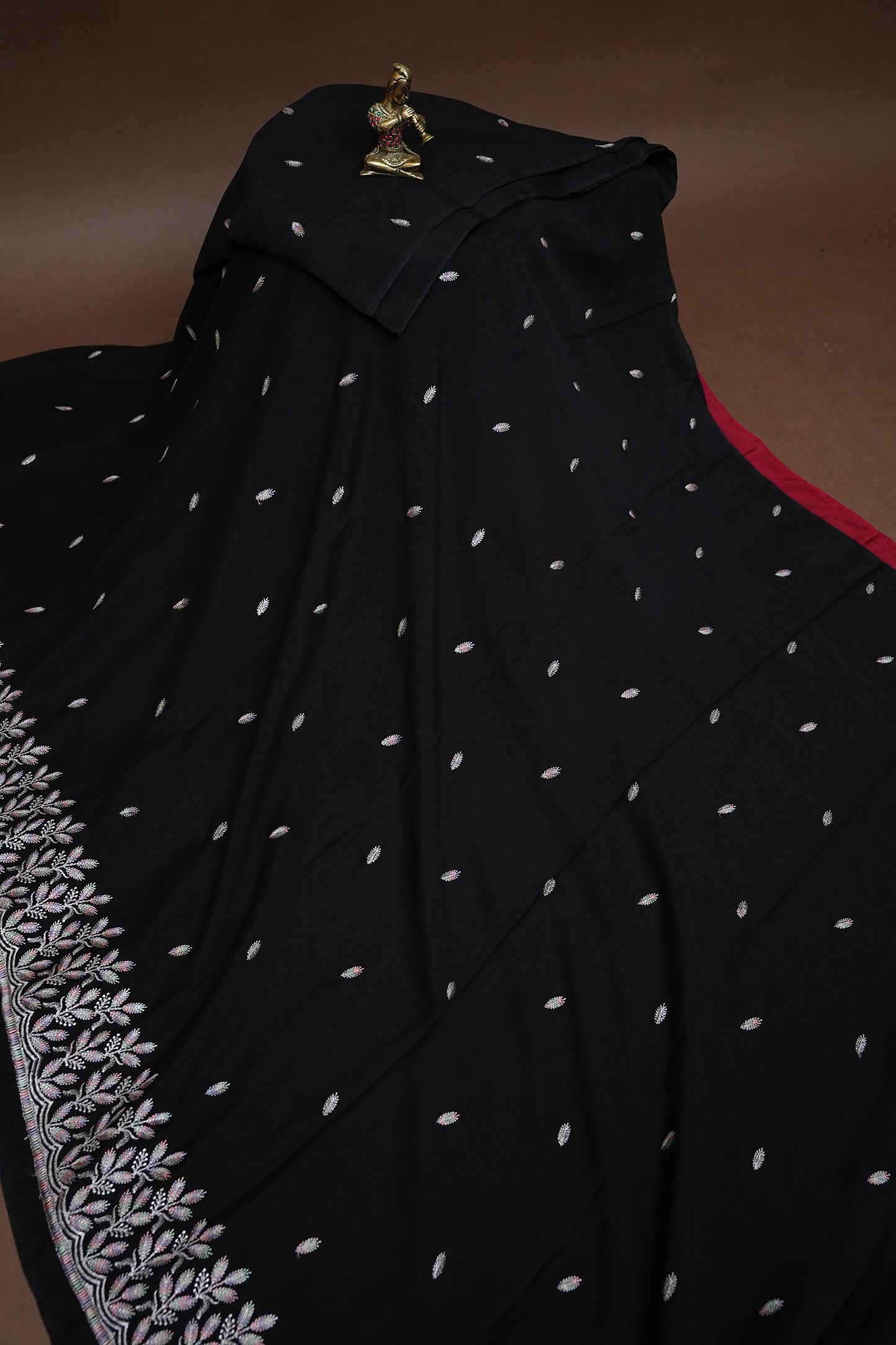 Black Turkey Chiffon Saree with Silver Woven Buttas & Embroidered Border