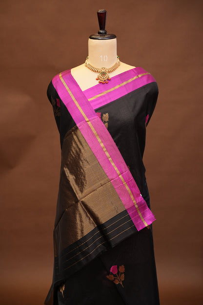 Pure Chanderi Silk Saree with Zari Buttas & Tissue Border - Black & Hot Pink