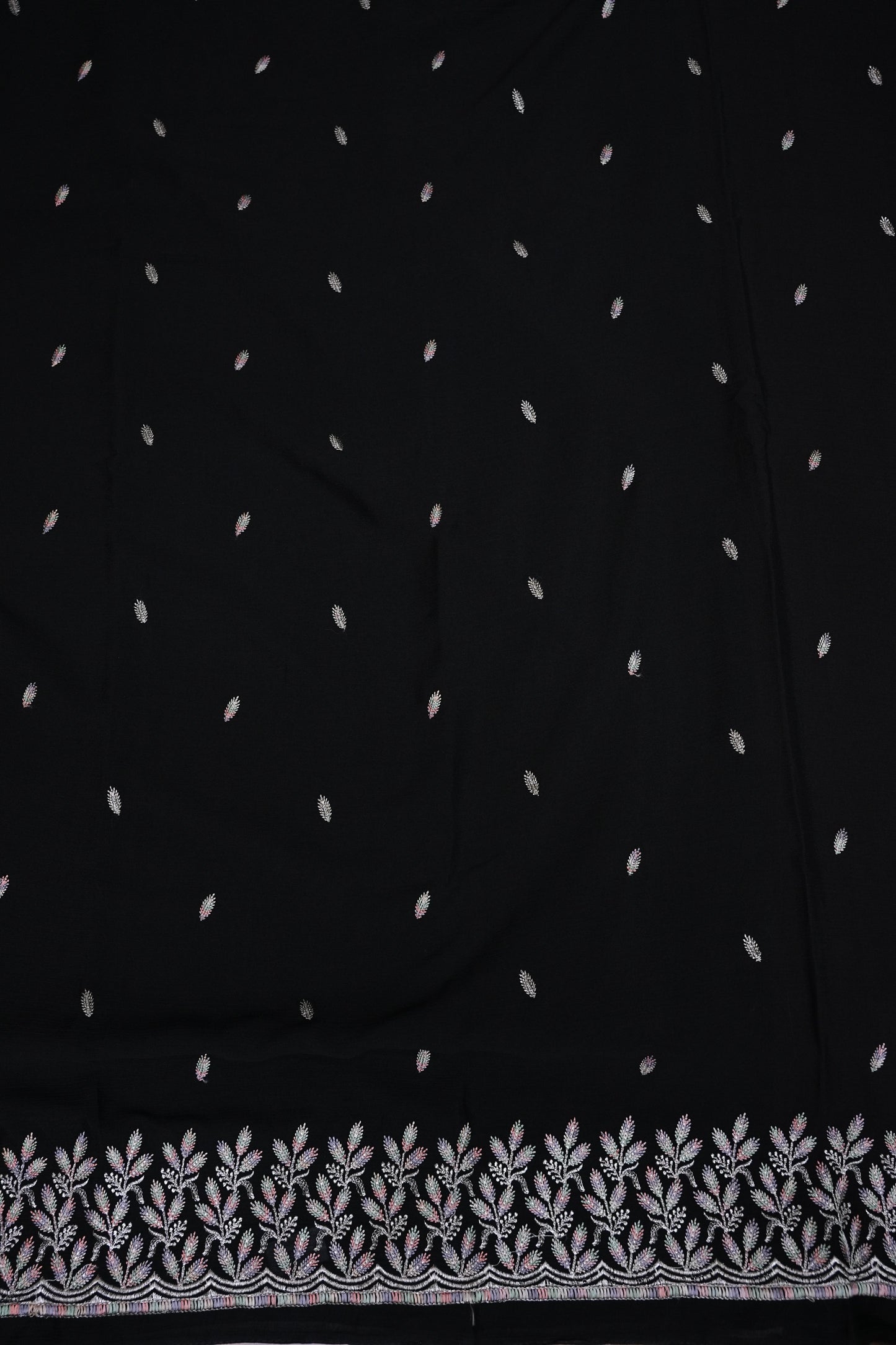 Black Turkey Chiffon Saree with Silver Woven Buttas & Embroidered Border
