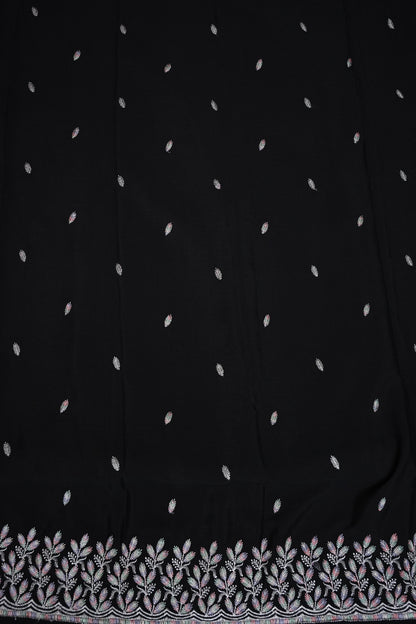 Classic Black Turkey Chiffon Saree with Delicate Leaf Embroidery