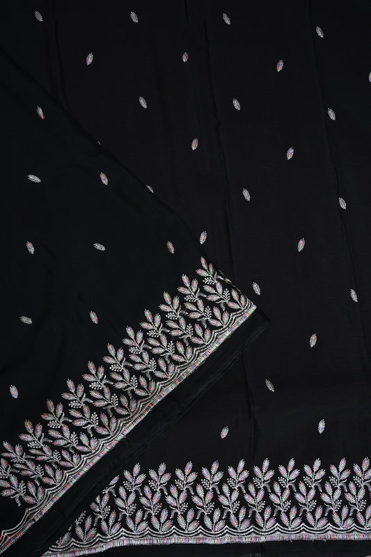Black Turkey Chiffon Saree with Silver Woven Buttas & Embroidered Border