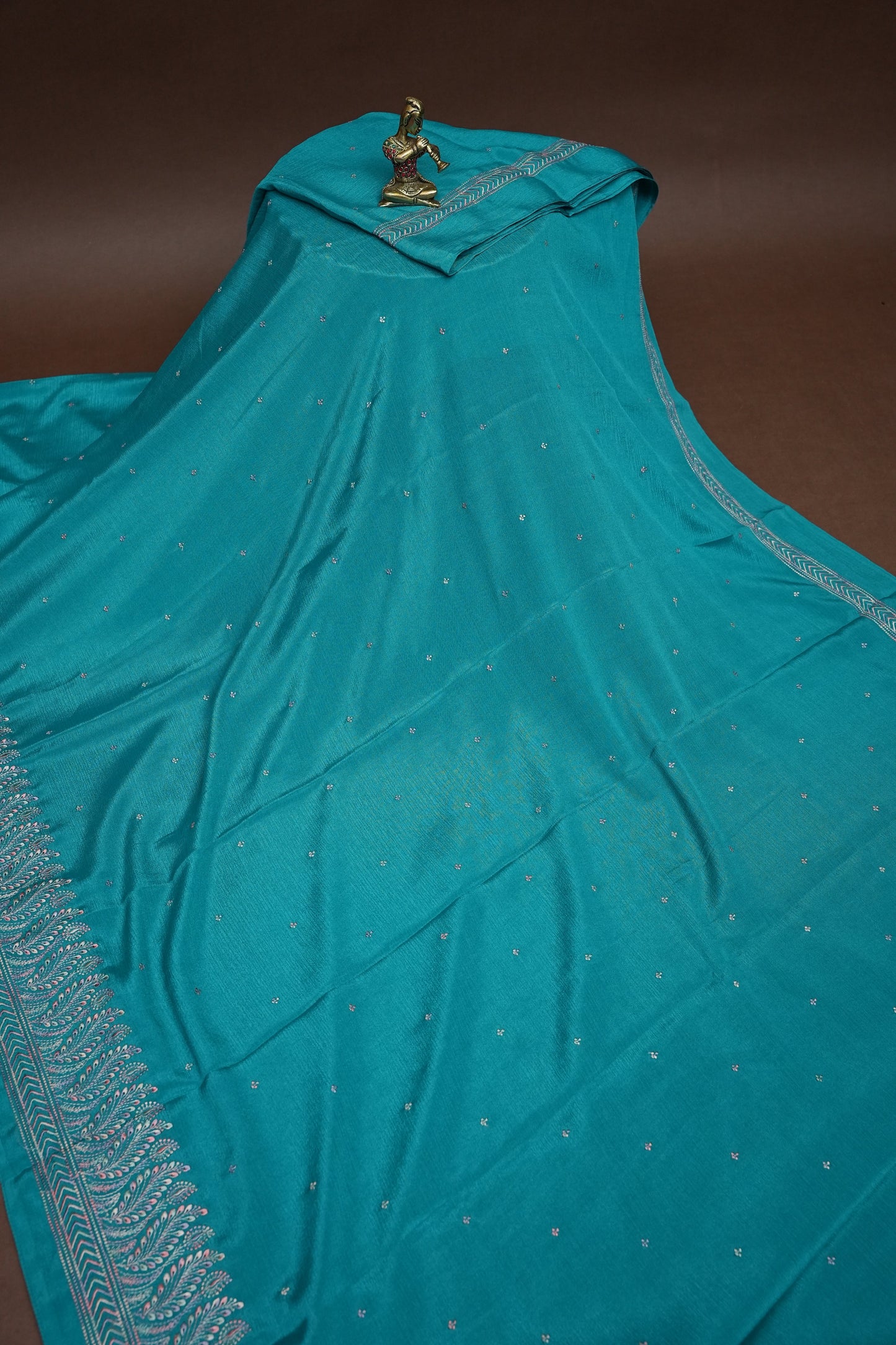 Turquoise Blue Turkey Chiffon Saree with Silver Woven Buttas & Elegant Border