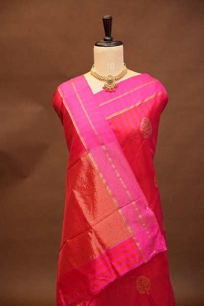 Pure Chanderi Silk Saree with Zari Buttas & Tissue Border - Bright Pink