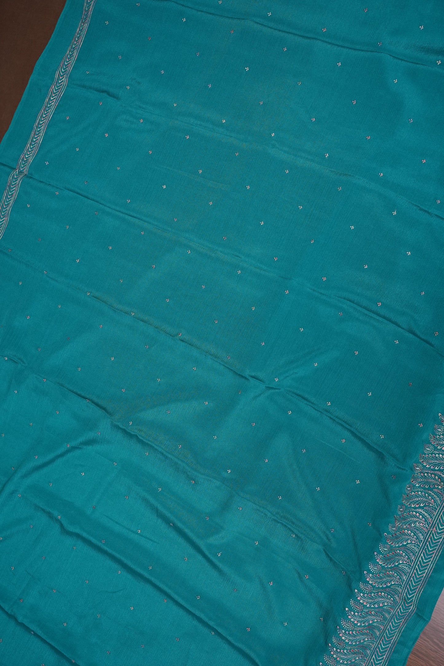 Turquoise Blue Turkey Chiffon Saree with Silver Woven Buttas & Elegant Border