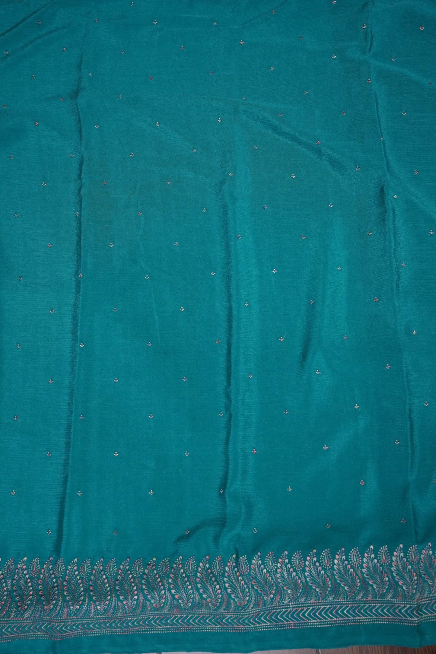 Turquoise Blue Turkey Chiffon Saree with Silver Woven Buttas & Elegant Border