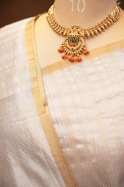 Pure Chanderi Silk Saree with Subtle Stripes & Tissue Border - Ivory Cream