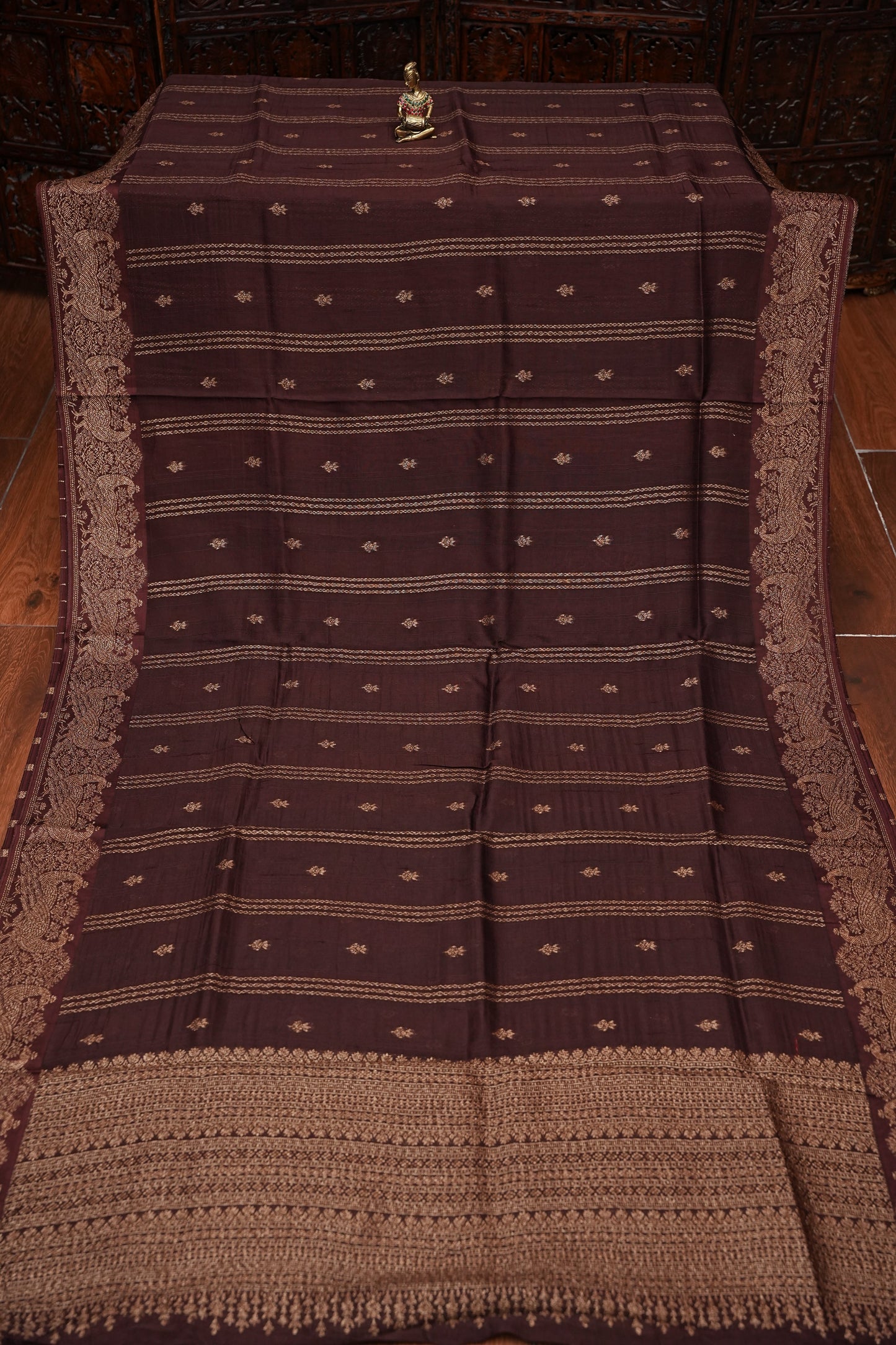 Tussar Banarasi Raw Silk Saree with Handloom Peacock Border – Coffee Brown