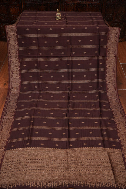 Tussar Banarasi Raw Silk Saree with Handloom Peacock Border – Coffee Brown