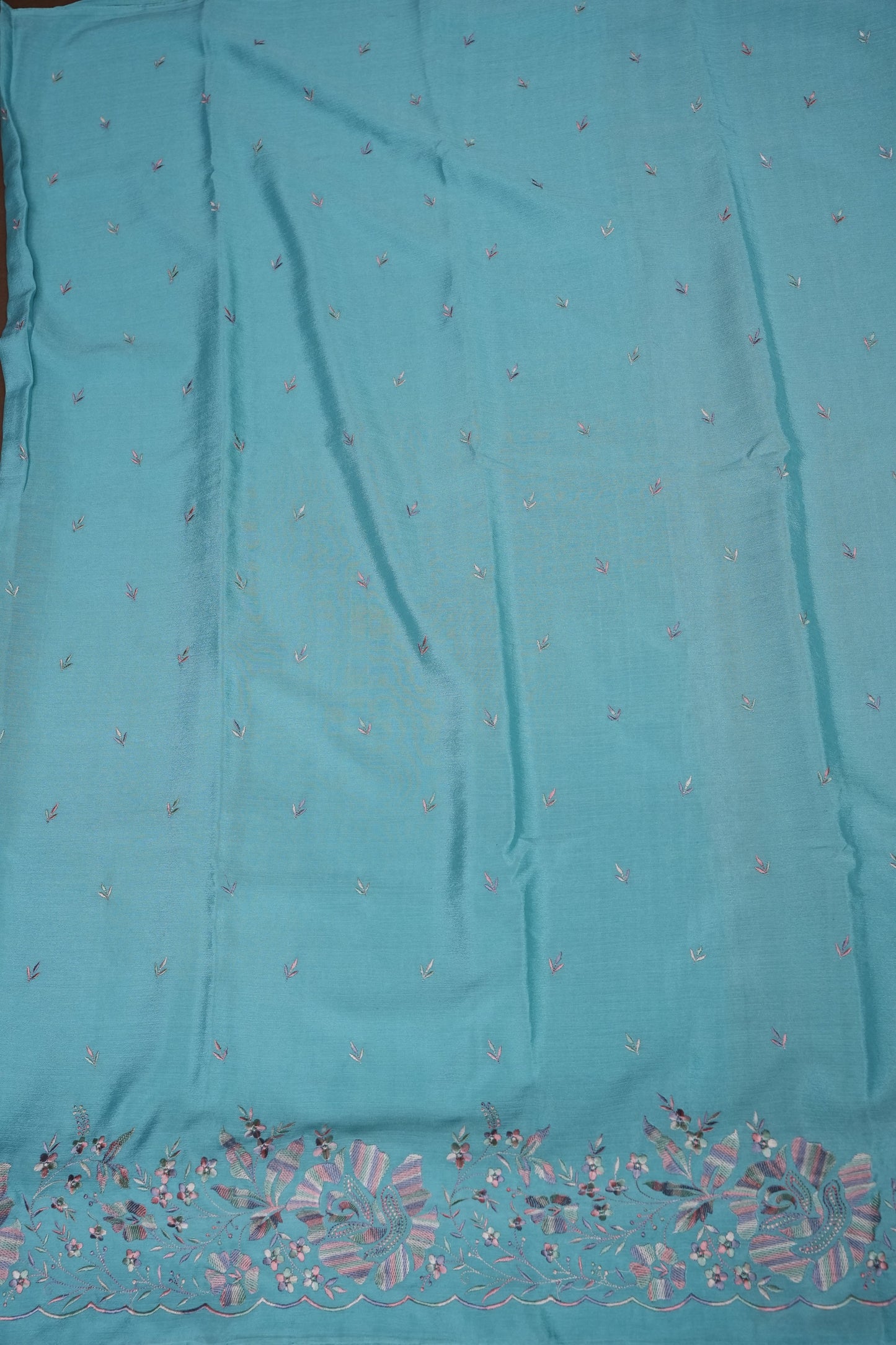 Sky Blue Turkey Chiffon Saree with Floral Embroidered Border