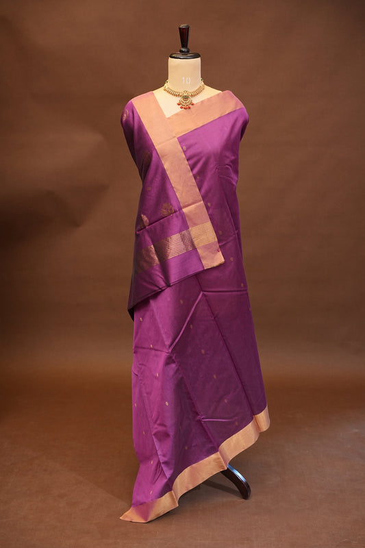Pure Chanderi Silk Saree with Zari Buttas & Tissue Border - Orchid Pink