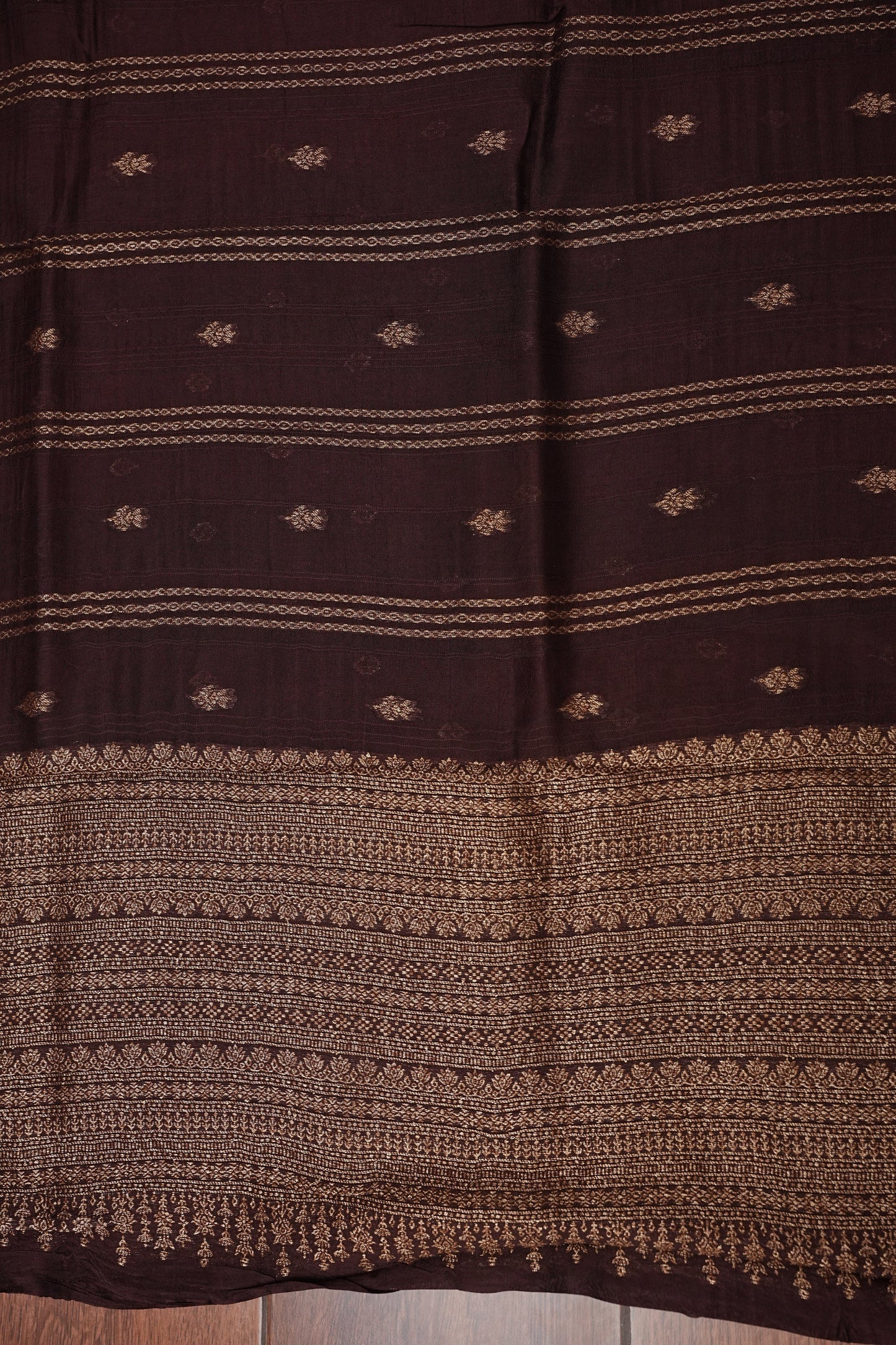 Tussar Banarasi Raw Silk Saree with Handloom Peacock Border – Coffee Brown
