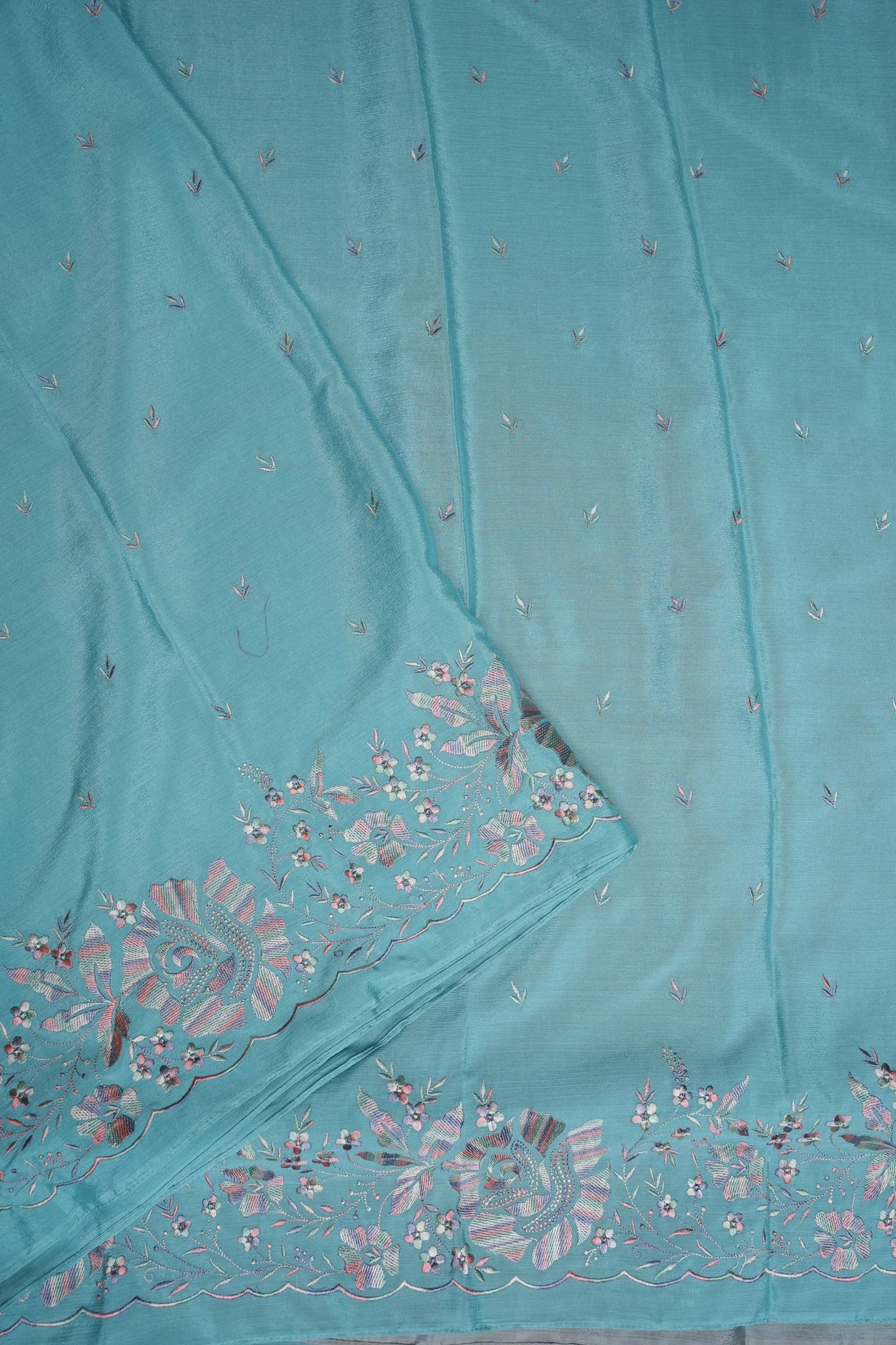 Sky Blue Turkey Chiffon Saree with Floral Embroidered Border