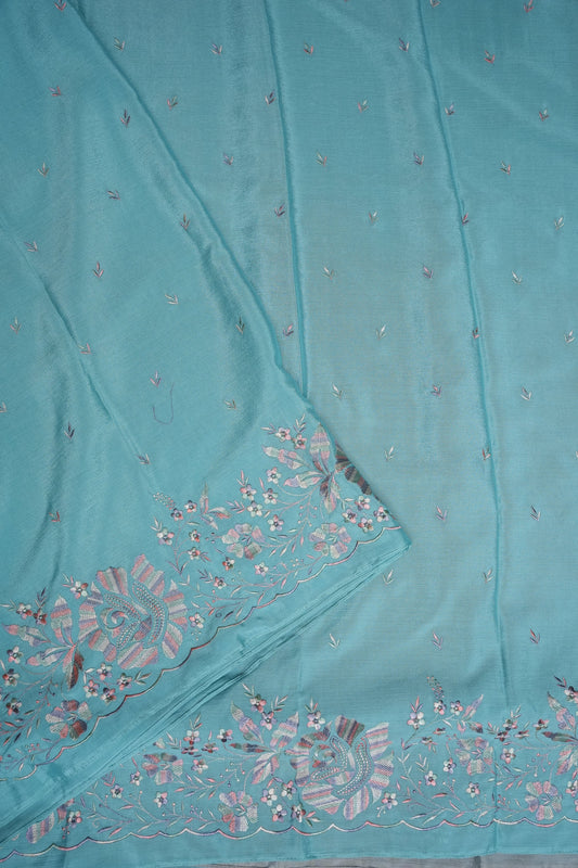 Sky Blue Turkey Chiffon Saree with Floral Embroidered Border