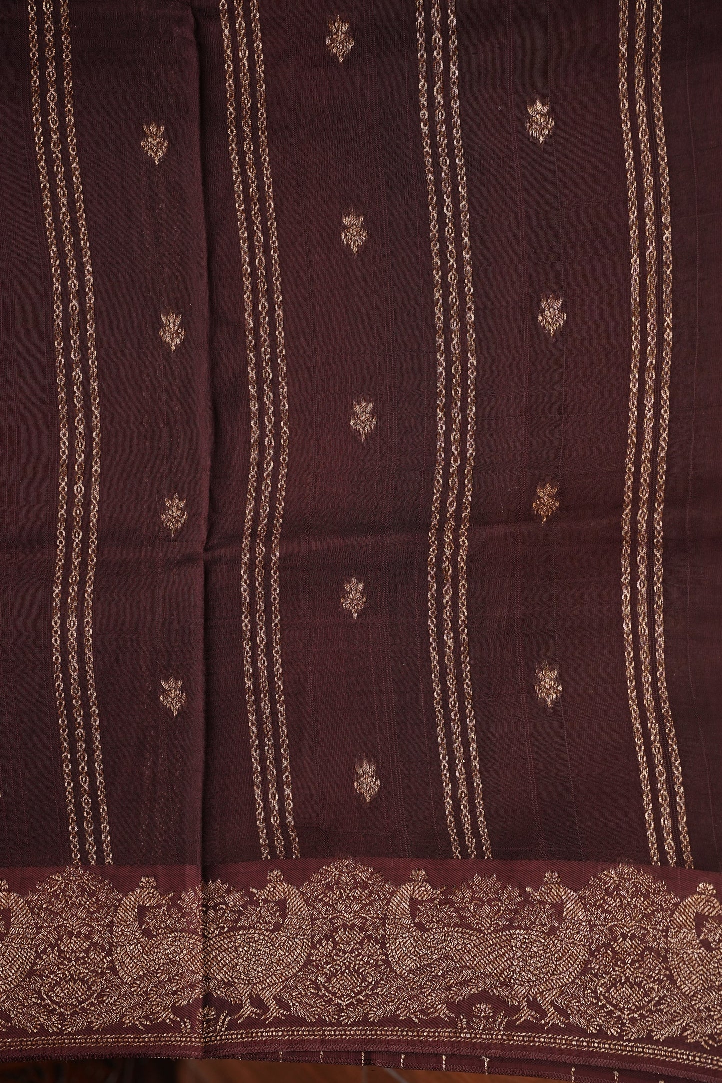 Tussar Banarasi Raw Silk Saree with Handloom Peacock Border – Coffee Brown