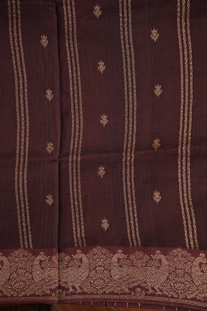 Tussar Banarasi Raw Silk Saree with Handloom Peacock Border – Coffee Brown