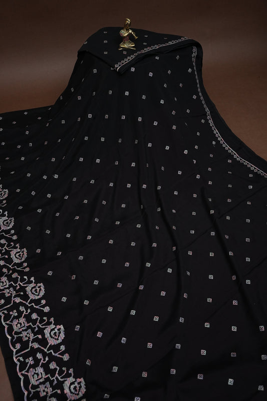 Black Turkey Chiffon Saree with Floral Embroidered Border