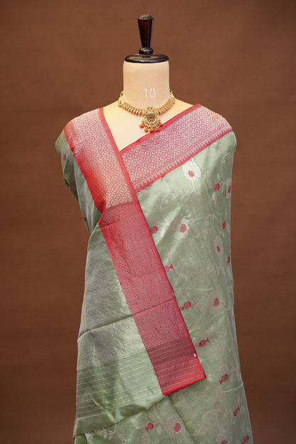 Pure Chanderi Silk Saree with Zari Buttas & Tissue Border - Sea Green