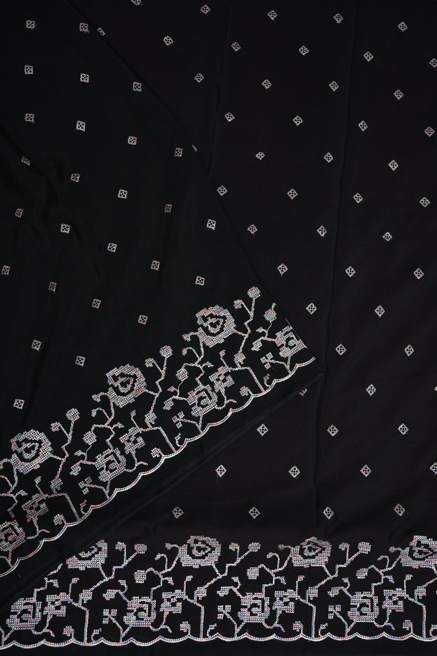 Black Turkey Chiffon Saree with Floral Embroidered Border
