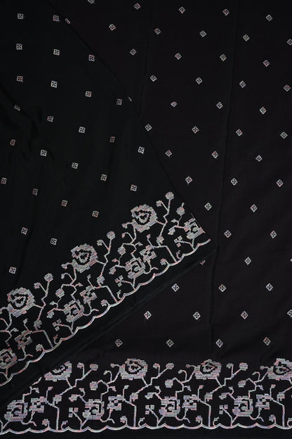 Black Turkey Chiffon Saree with Floral Embroidered Border