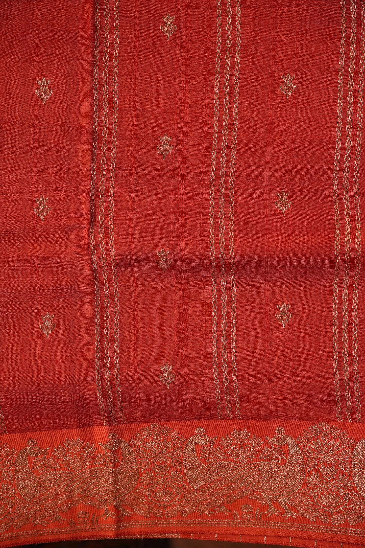 Tussar Banarasi Raw Silk Saree with Handloom Peacock Border – Deep Orange