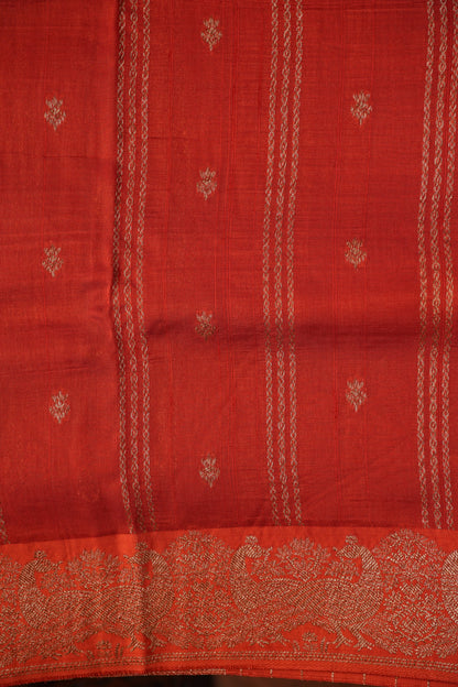 Tussar Banarasi Raw Silk Saree with Handloom Peacock Border – Deep Orange