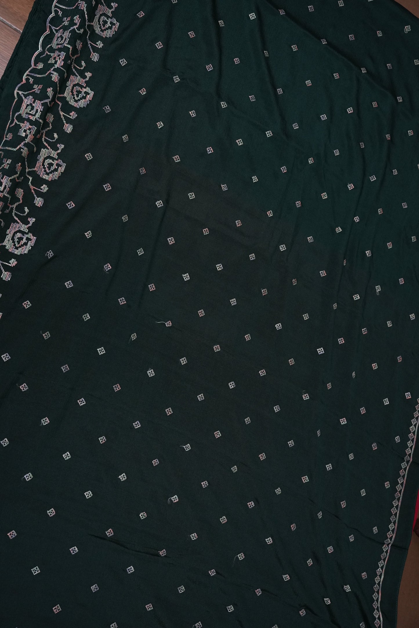 Dark Bottle Green Turkey Chiffon Saree with Woven Floral Border