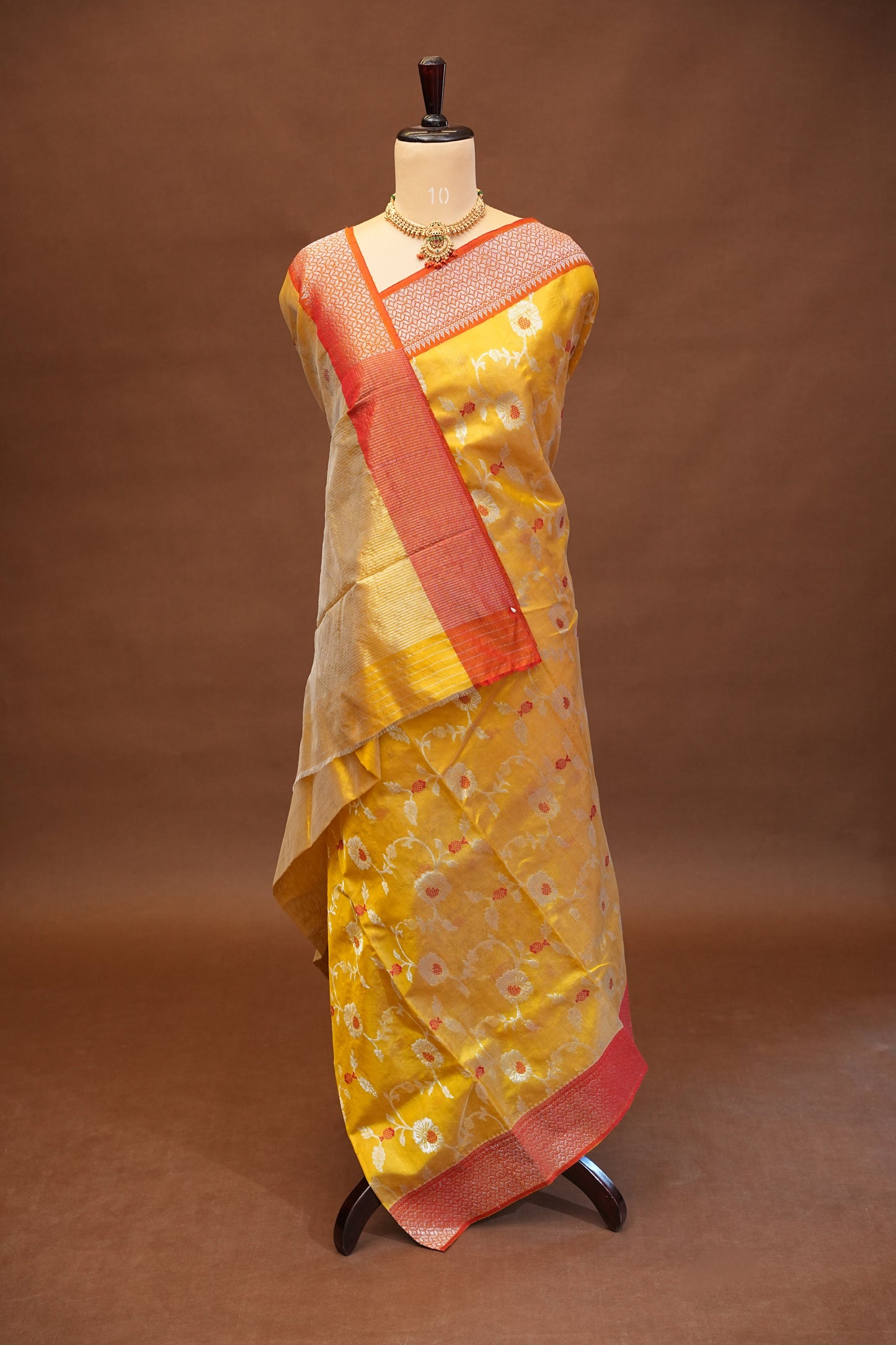 Pure Chanderi Silk Saree with Floral Zari Motifs & Tissue Border - Mustard Yellow