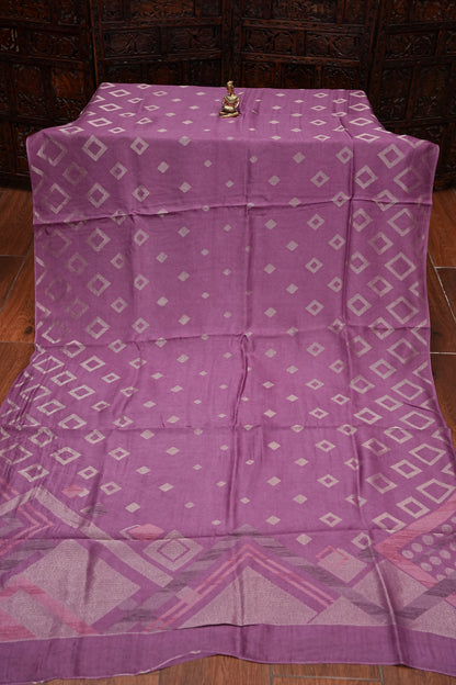 Tussar Banarasi Raw Silk Saree with Geometric Silver Weaving – Onion Pink