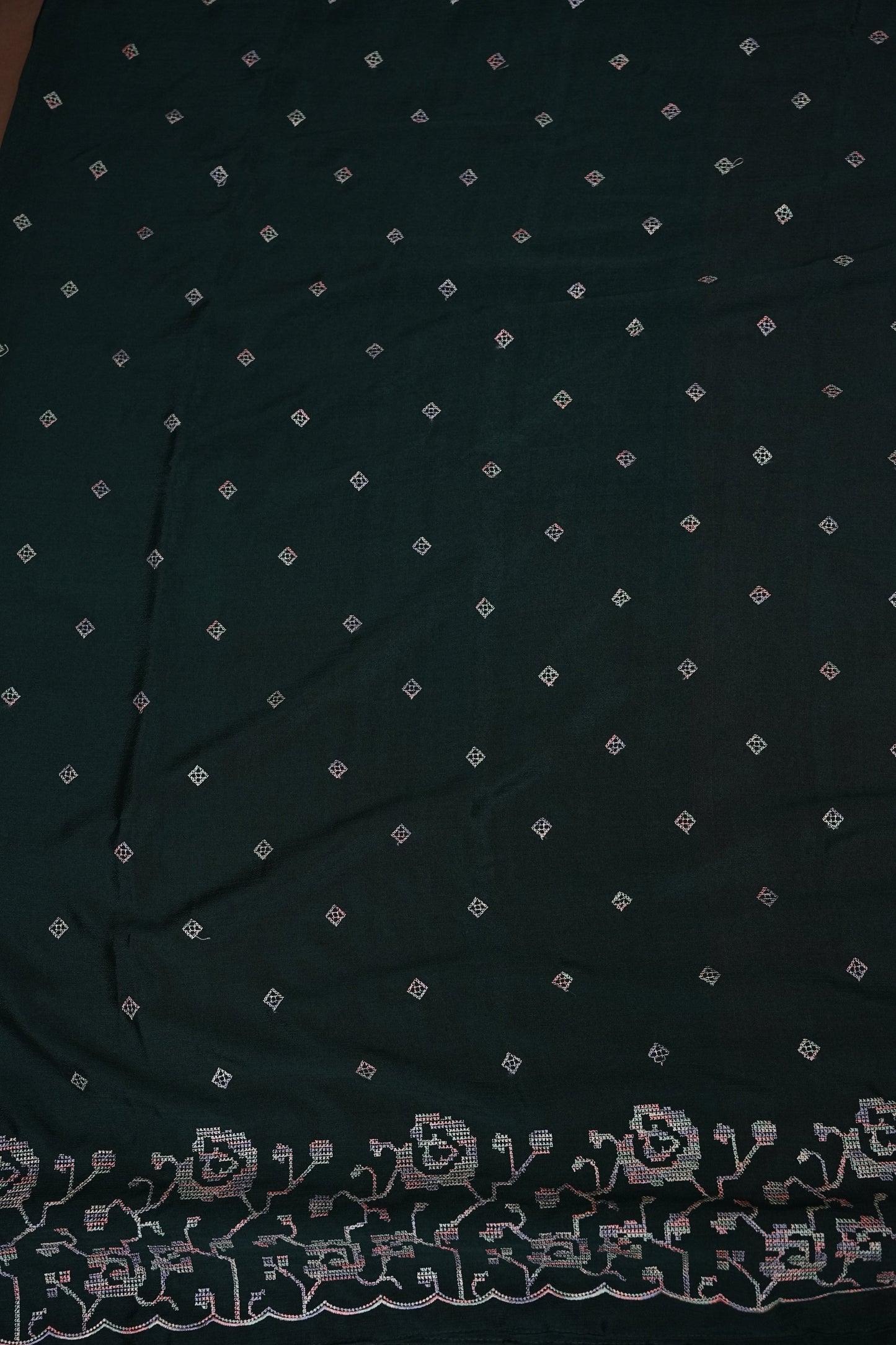 Dark Bottle Green Turkey Chiffon Saree with Woven Floral Border