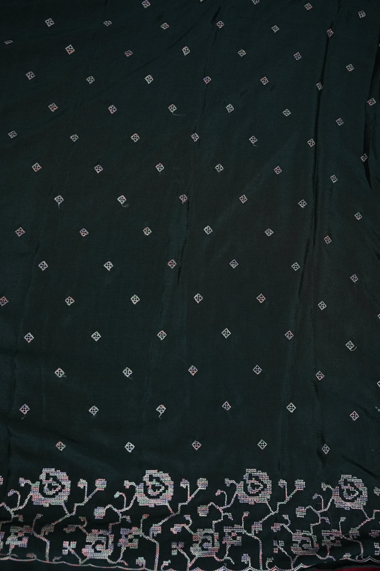 Dark Bottle Green Turkey Chiffon Saree with Woven Floral Border