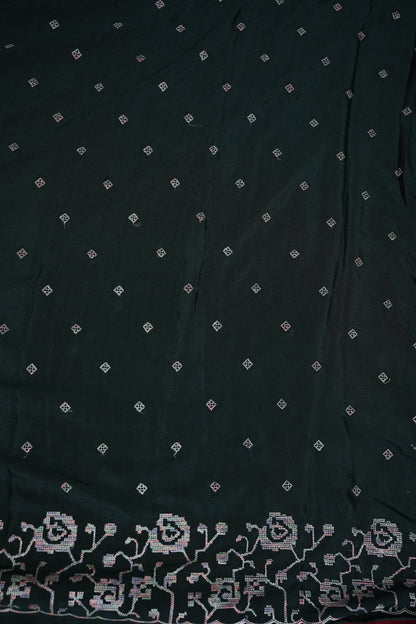 Dark Bottle Green Turkey Chiffon Saree with Woven Floral Border
