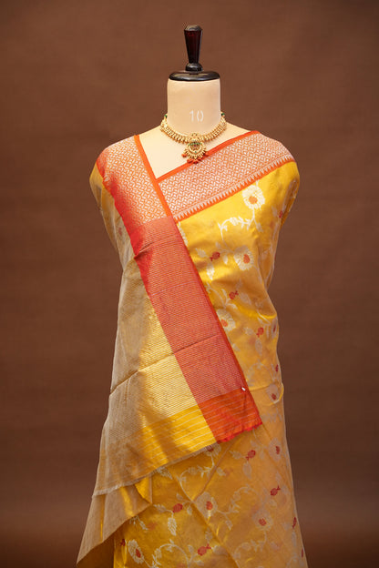 Pure Chanderi Silk Saree with Floral Zari Motifs & Tissue Border - Mustard Yellow