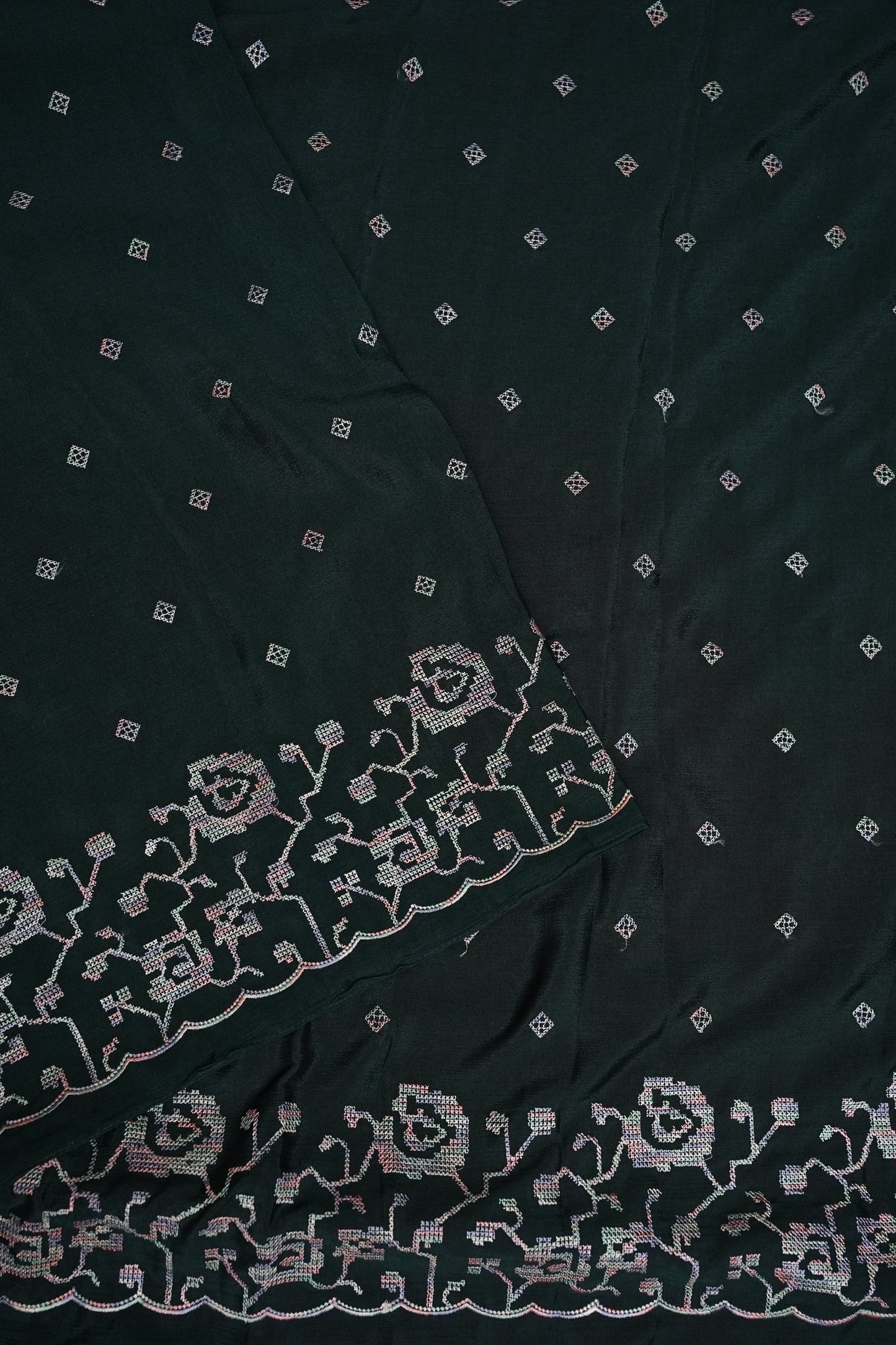 Dark Bottle Green Turkey Chiffon Saree with Woven Floral Border