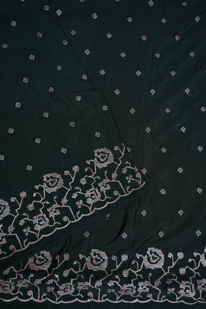 Dark Bottle Green Turkey Chiffon Saree with Woven Floral Border