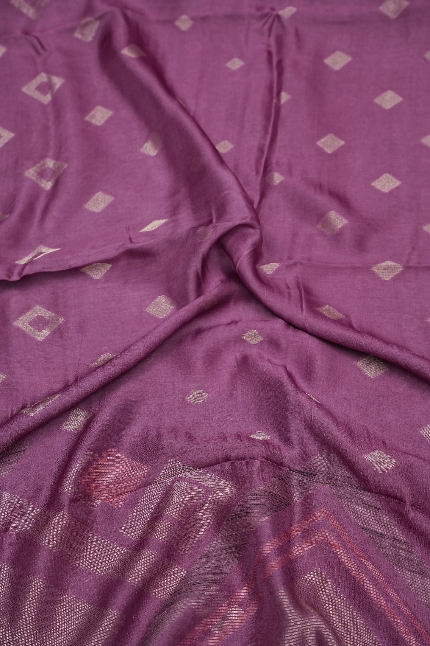 Tussar Banarasi Raw Silk Saree with Geometric Silver Weaving – Onion Pink