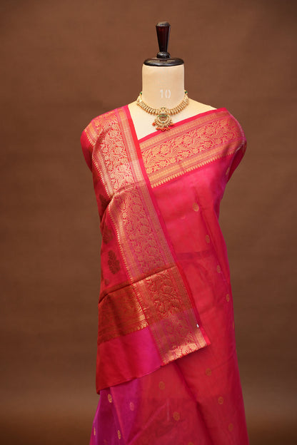 Pure Chanderi Silk Saree with Zari Buttas & Rich Tissue Border - Rani Pink