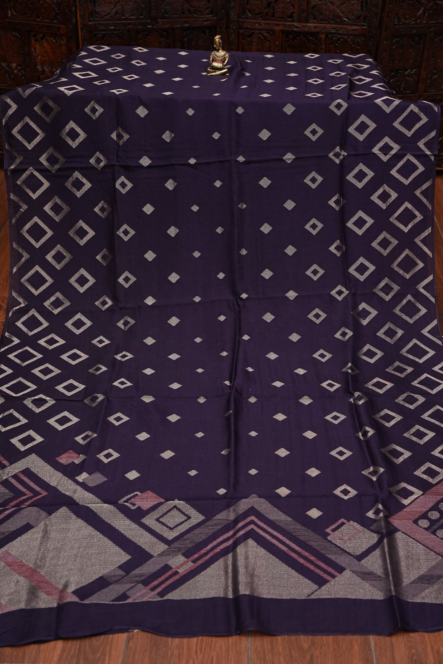 Tussar Banarasi Raw Silk Saree with Geometric Silver Weaving – Deep Purple