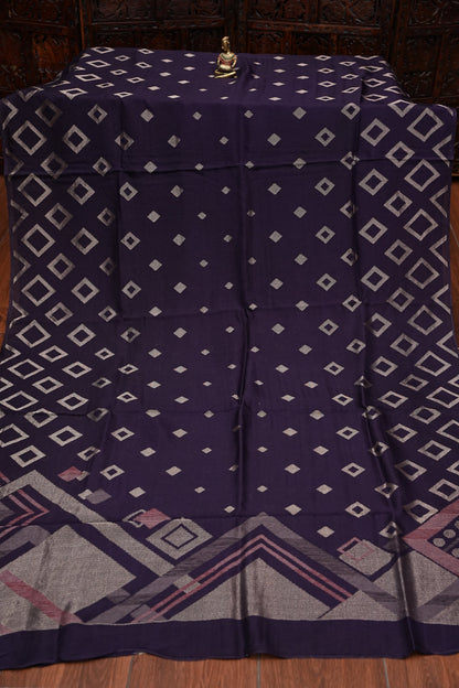 Tussar Banarasi Raw Silk Saree with Geometric Silver Weaving – Deep Purple