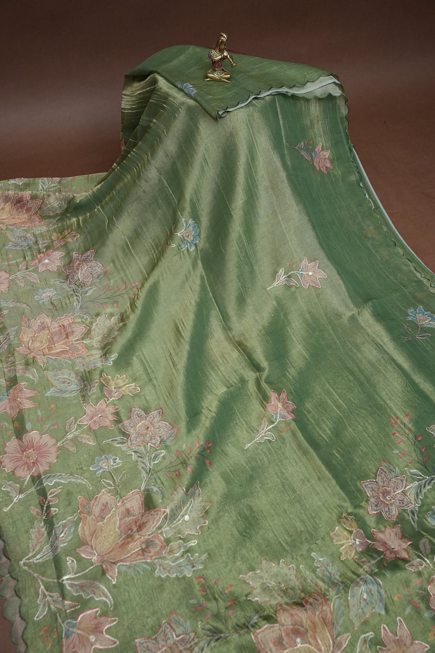 Sage Green Glass Tissue Organza Designer Party Wear Saree